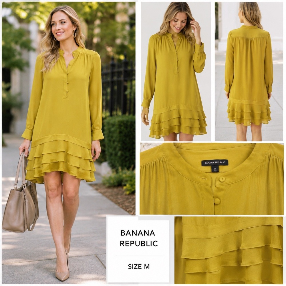 Banana Republic Chartreuse Yellow Ruffle Tiered Shift Dress Long Sleeve Size 6